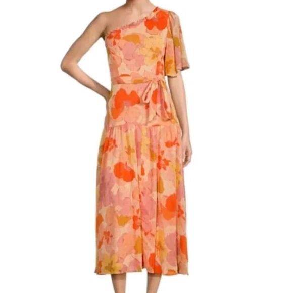 Taylor Floral Asymmetrical Neckline One Short Sleeve Ruffle Trim Midi Dress 10 - Picture 1 of 12
